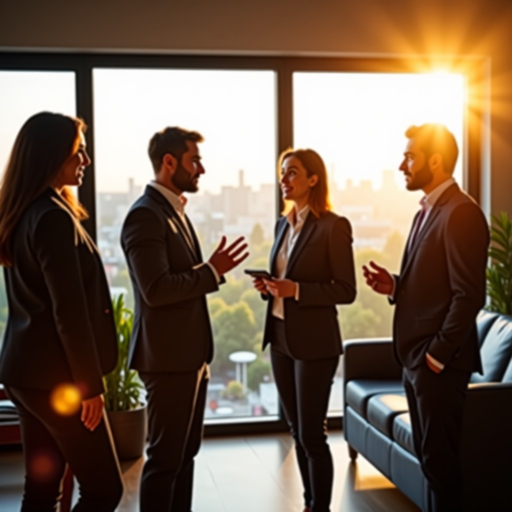 A tech founder talking to venture capitalists in a bright modern lounge area, natural interaction, professional business casual attire, warm sunlight, high quality photography, 4:3
