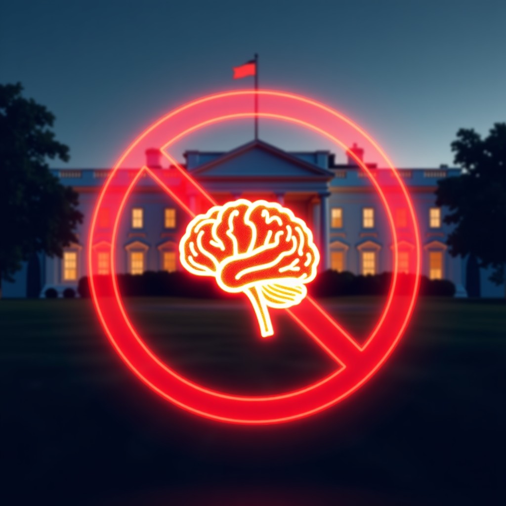 A dramatic conceptual illustration of the US White House in the background with a glowing digital brain icon in the foreground being crossed out by a red prohibited sign. Cinematic lighting, high contrast, professional digital art style. 4:3