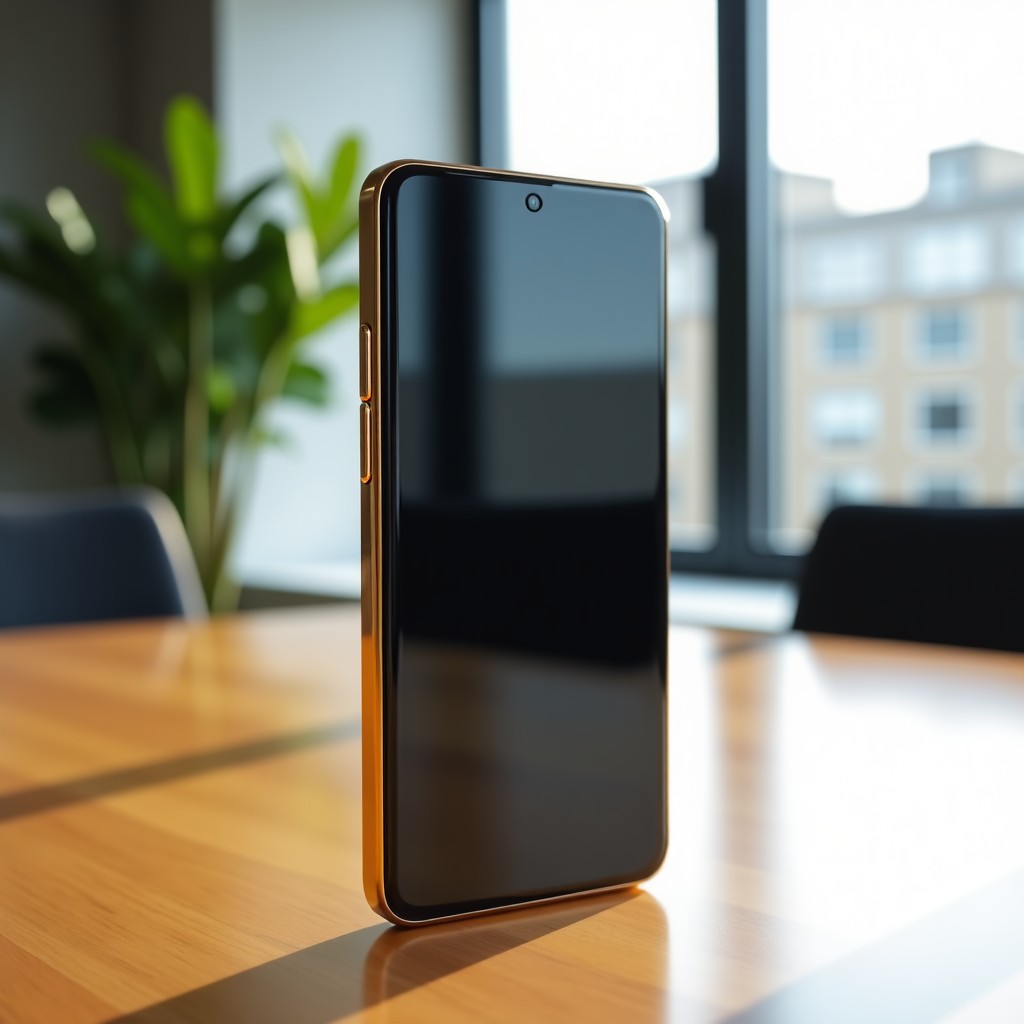 A high-end luxury smartphone with gold and white metallic accents, displayed on a clean wooden table in a brightly lit modern office. The phone has a large bezel-less screen showing a sophisticated minimalist interface. 4:3