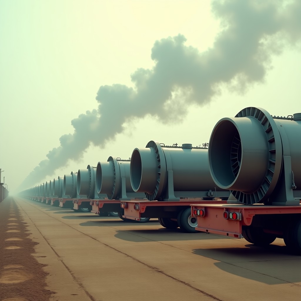Rows of industrial gas turbines mounted on large transport trailers in a dusty outdoor lot, faint gray smog rising from exhaust pipes into a hazy sky, realistic photography style, industrial setting, 4:3