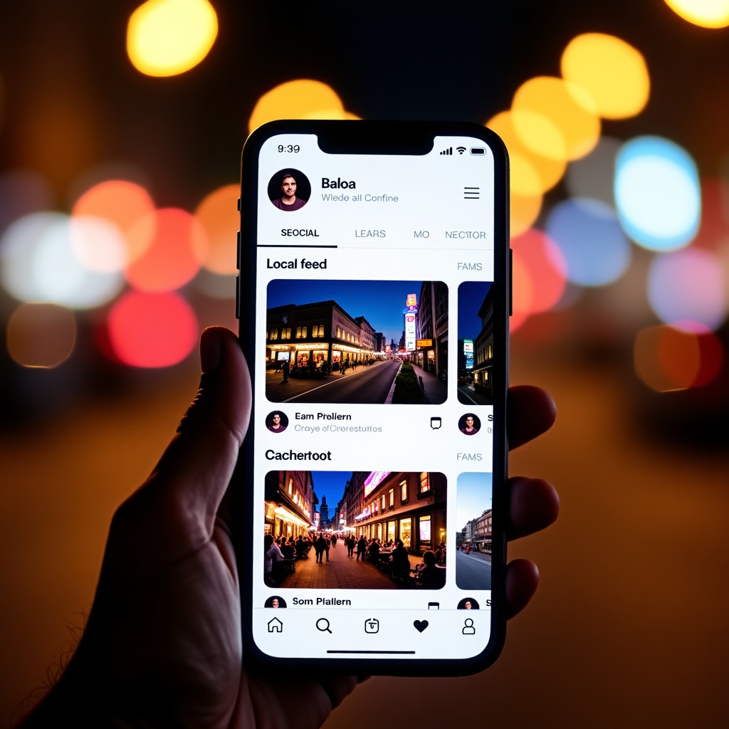 A modern smartphone displaying a social media app interface with a dedicated Local Feed tab showing vibrant videos of nearby restaurants and city events. Soft city lights in the background. 4:3
