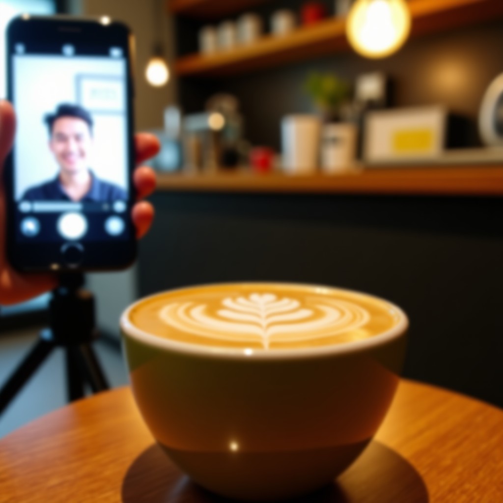A small cafe owner in Korea recording a short video of a signature latte with a smartphone on a tripod. Cozy interior lighting. 4:3