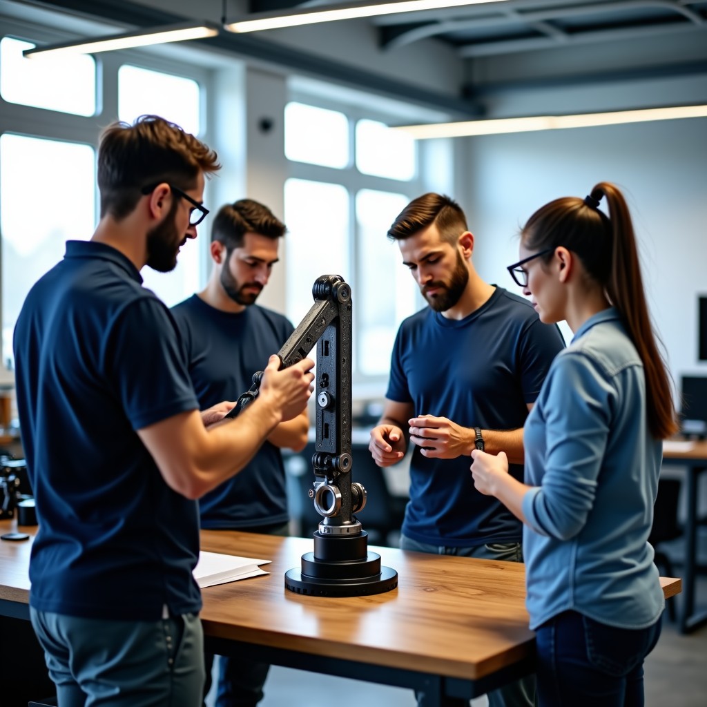 A group of diverse engineers working together on a mechanical robot arm in a bright workshop. Tools and computer screens are visible in the background. Natural collaboration scene, high contrast, 4:3