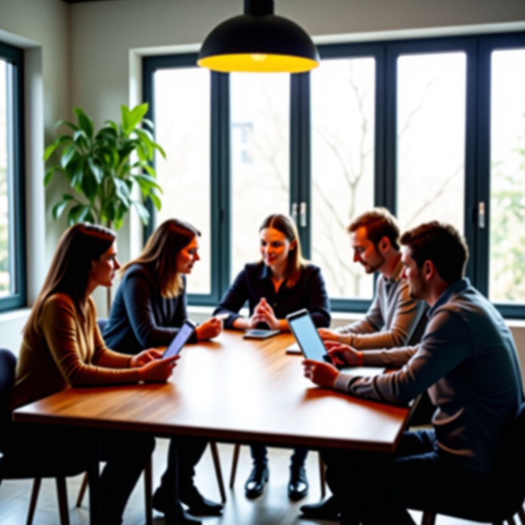 A diverse team of creative professionals discussing digital strategy around a wooden table in a bright office. Natural daylight, realistic office environment, high-quality lifestyle photography, 4:3