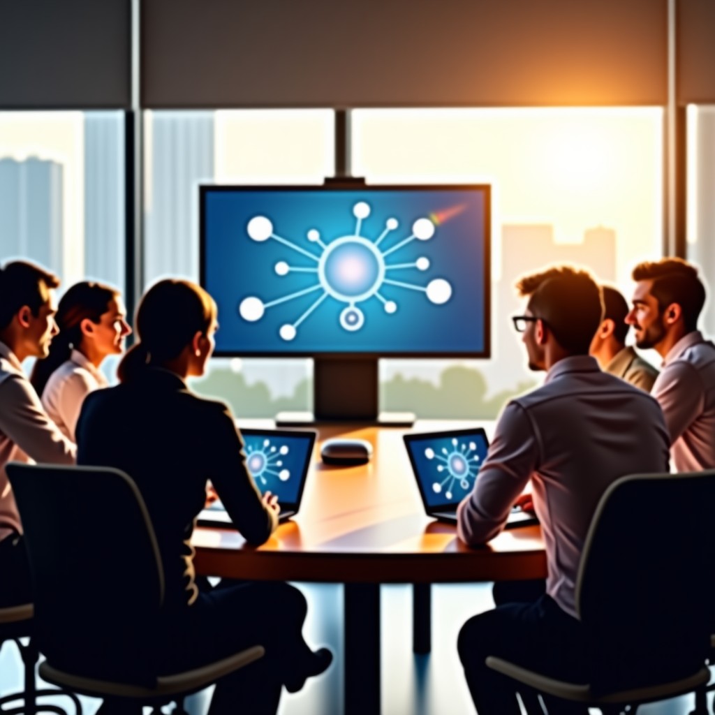 A team of diverse professionals in a bright, modern meeting room using large digital touchscreens with AI collaboration software. Warm lighting, natural setting, 4:3