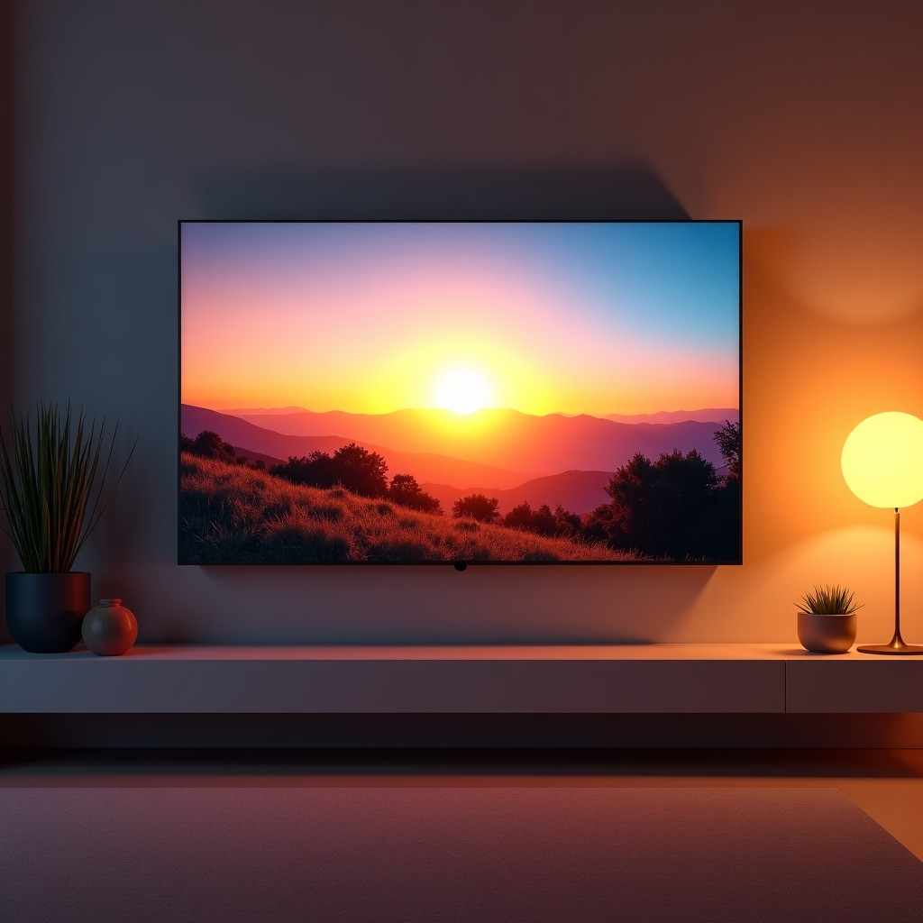 A professional photograph of a large sleek OLED TV in a minimalist living room with warm ambient lighting at sunset. The screen shows a vibrant natural landscape. 4:3