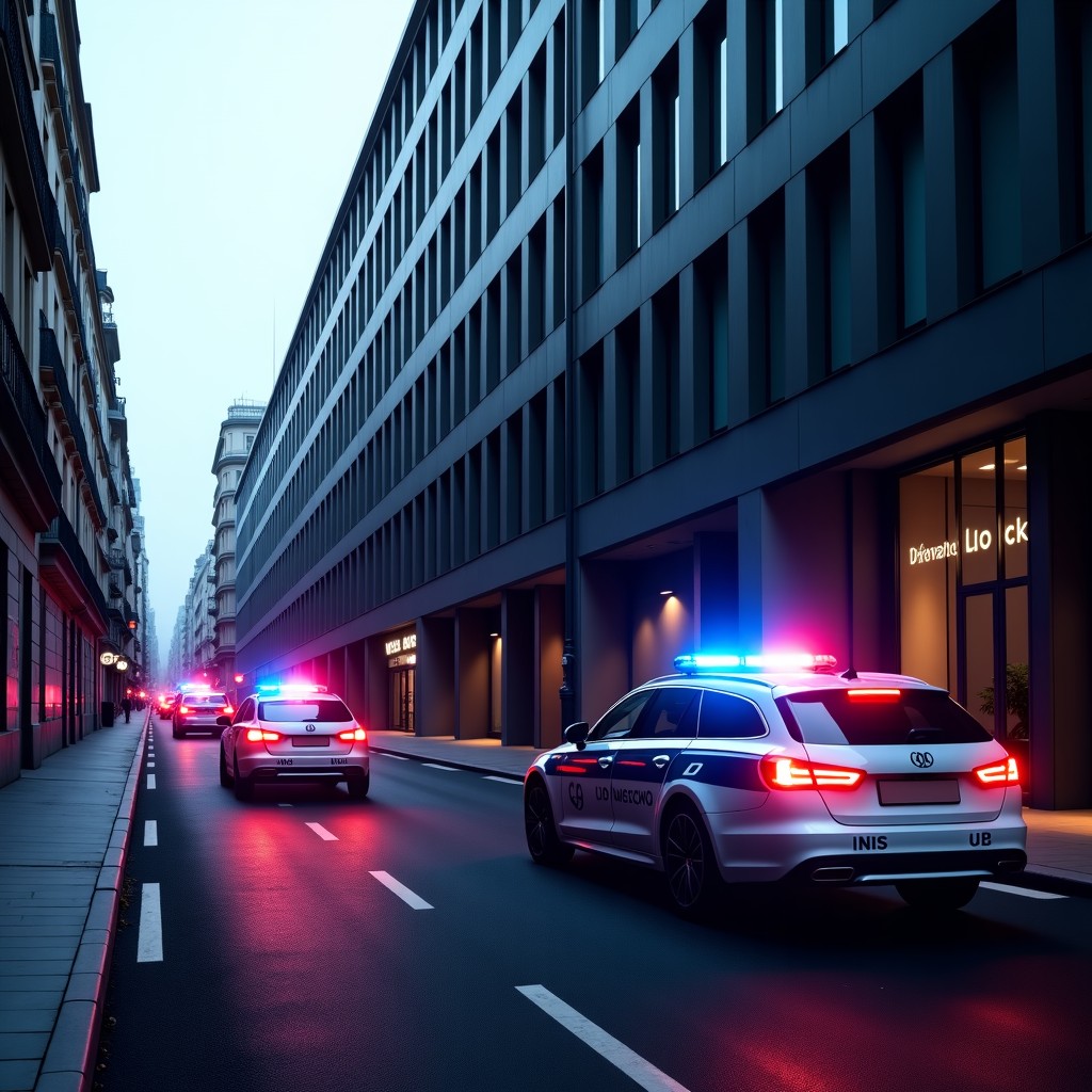 A modern office building in downtown Paris with French police cars parked in front with flashing lights. The scene is cinematic and professional, depicting a high-stakes legal investigation. High contrast, clean layout. 4:3