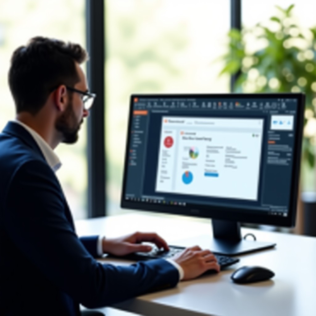 A professional office worker using a laptop with a PowerPoint interface visible. On the side of the screen, there is a modern AI side panel assisting with slide creation. The office is bright with natural sunlight. Realistic photography style. 4:3