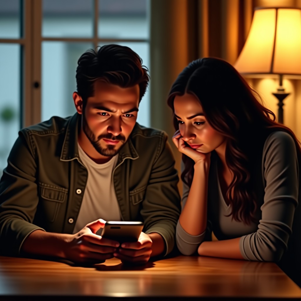 A lifestyle photograph of a couple sitting at a dining table, the man is intensely staring at his smartphone screen, while the woman looks at him with a concerned and lonely expression, warm indoor lighting, 4:3