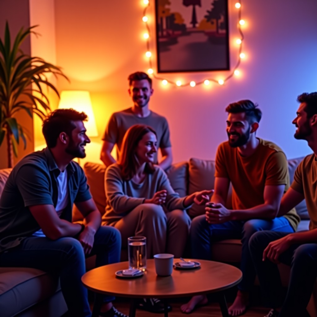 A group of friends enjoying a chill party in a stylish living room, warm ambient lighting, music related elements in the background, lifestyle photography, 4:3