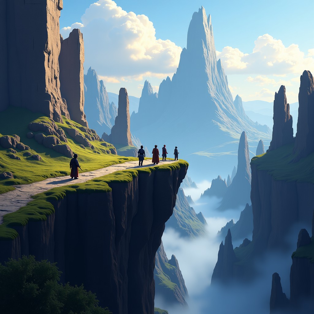 An epic fantasy landscape with ancient ruins and a group of adventurers standing on a cliff, cinematic atmosphere inspired by Baldur's Gate style, detailed environment, 4:3