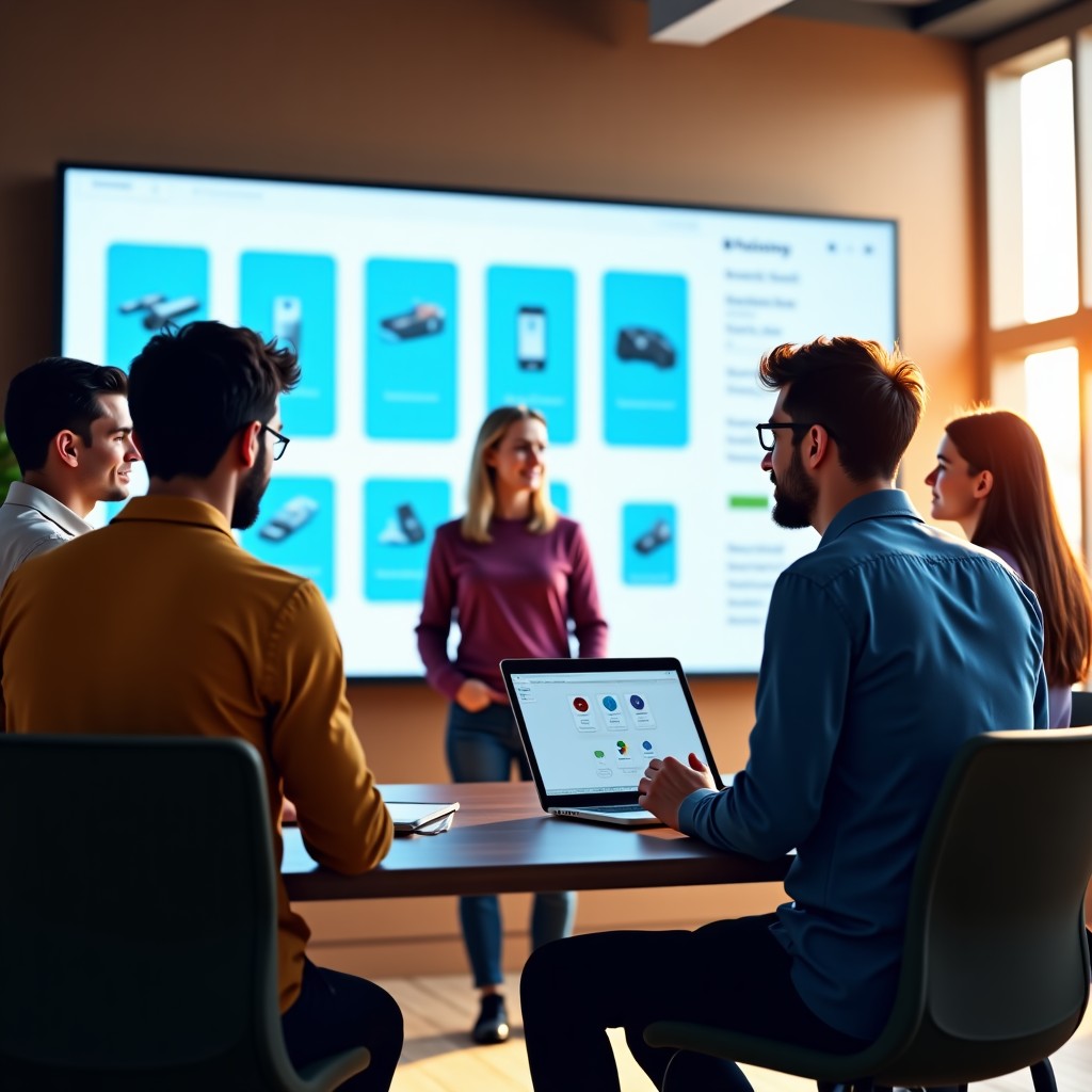 A diverse group of young professionals in a bright modern co-working space, discussing a new product line with digital mockups on a large screen, vibrant and collaborative mood, natural sunlight, detailed interior design, 4:3