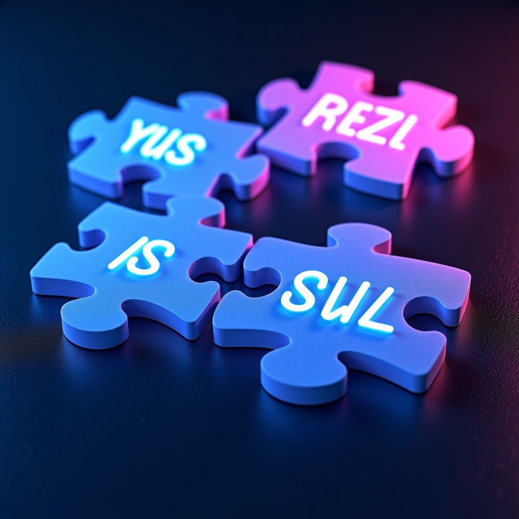 An artistic rendering of glowing 3D puzzle pieces with letters floating in a dark digital space. High contrast, vibrant blue and purple lighting, textured background, 1:1