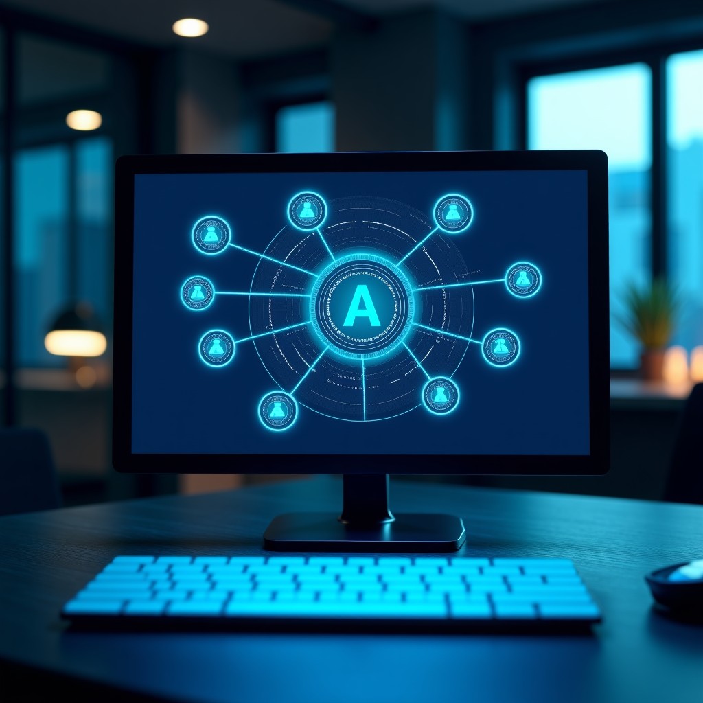 A sleek and modern digital workspace showing a futuristic AI interface named Perplexity Computer. The screen displays multiple AI model nodes interconnecting to form a complex workflow. The background is a sophisticated dark office with soft blue ambient lighting. High-tech and professional atmosphere. 4:3