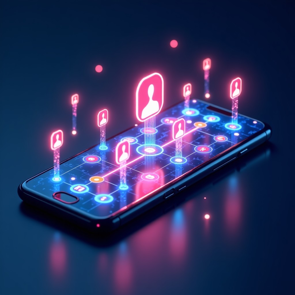 A futuristic digital social media interface with glowing AI network lines and profile icons displaying colorful animated effects on a high-tech smartphone screen 4:3