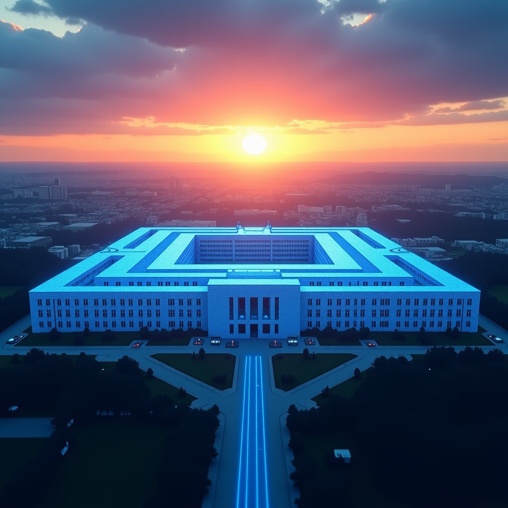 A wide angle view of the Pentagon building at sunset with a transparent blue digital neural network overlaying the architecture. 1:1