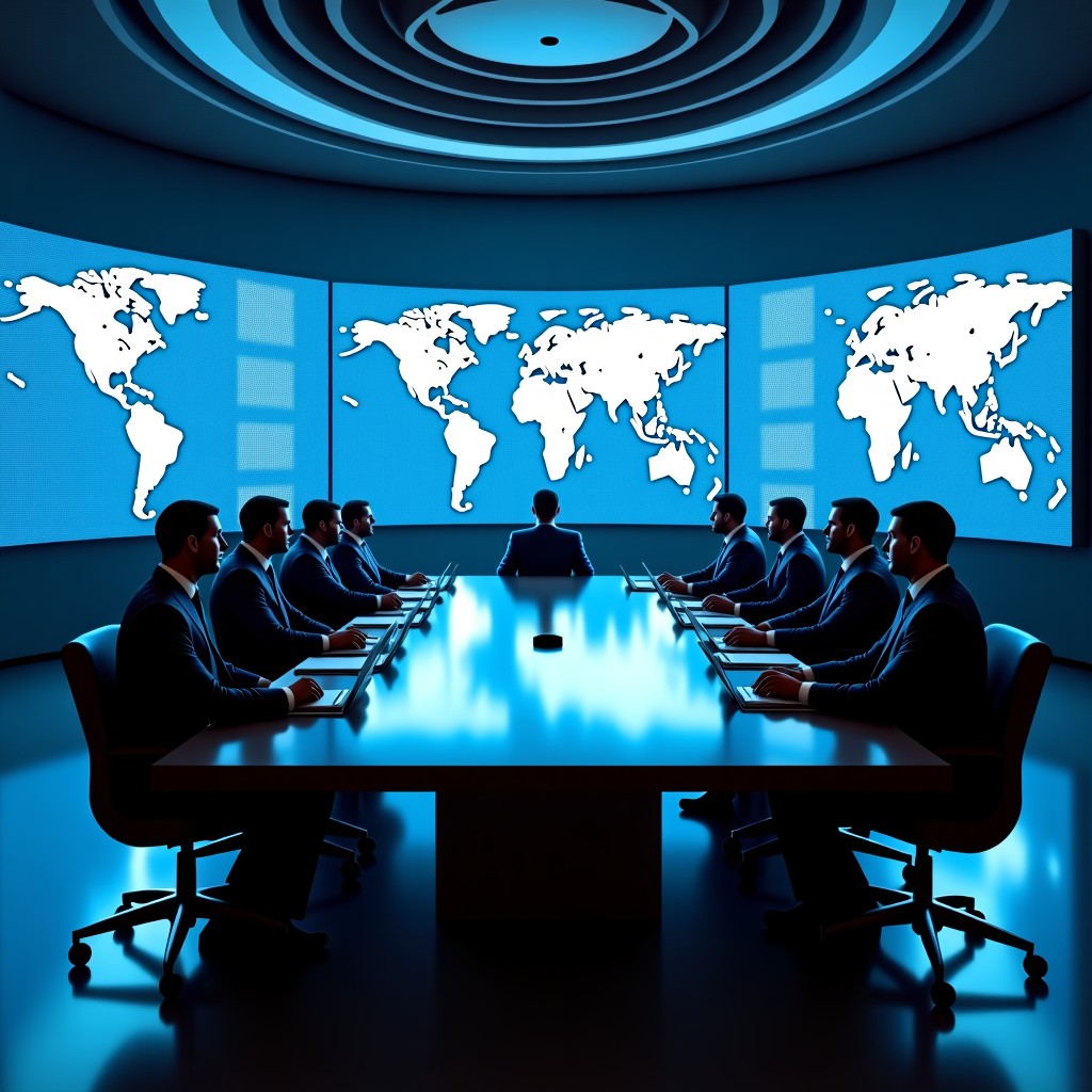 A high-tech, secure conference room inside the Pentagon with large digital screens displaying global maps and neural network visualizations. Serious officials in suits and military uniforms are gathered around a sleek, modern table. The atmosphere is intense and professional. Cinematic lighting, 4:3.