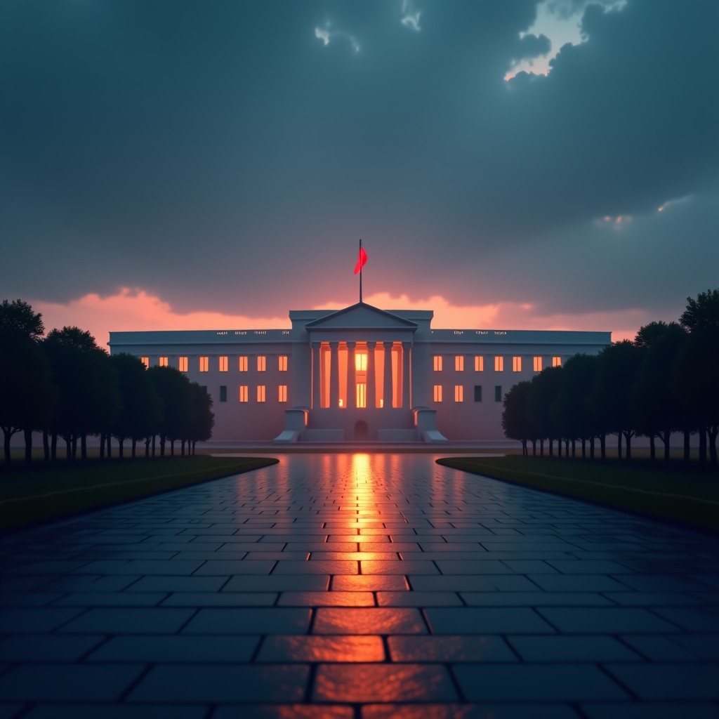 A dramatic digital standoff between a sleek modern AI company logo and the Pentagon building, representing a tense negotiation, cinematic lighting, 4:3