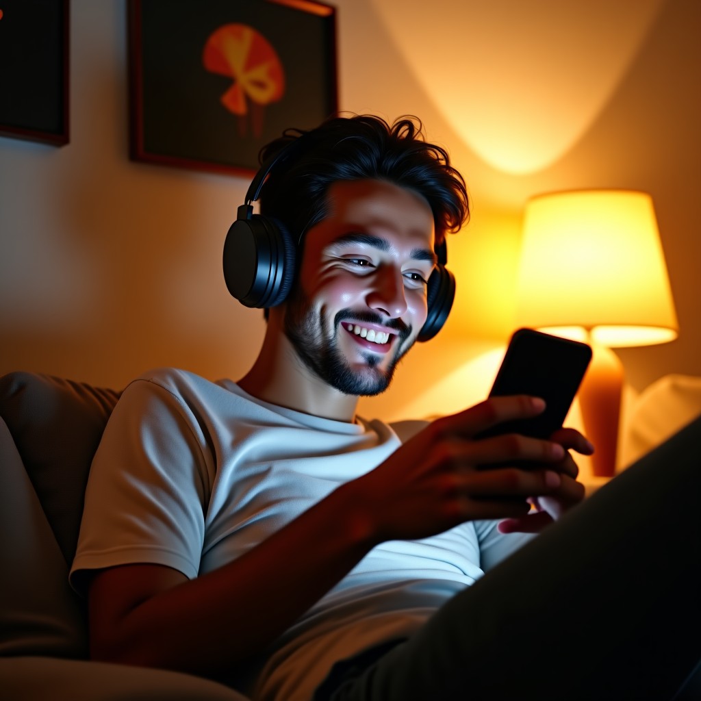 A happy person relaxing in a cozy room with warm lighting, wearing wireless headphones and looking at a smartphone with a smile. Modern interior design. 4:3
