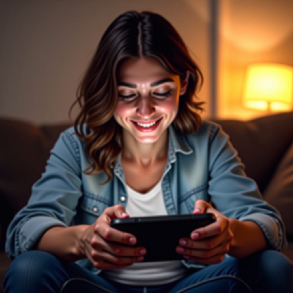 A satisfied person playing a handheld gaming device in a cozy living room, warm ambient light, soft focus background, 4:3