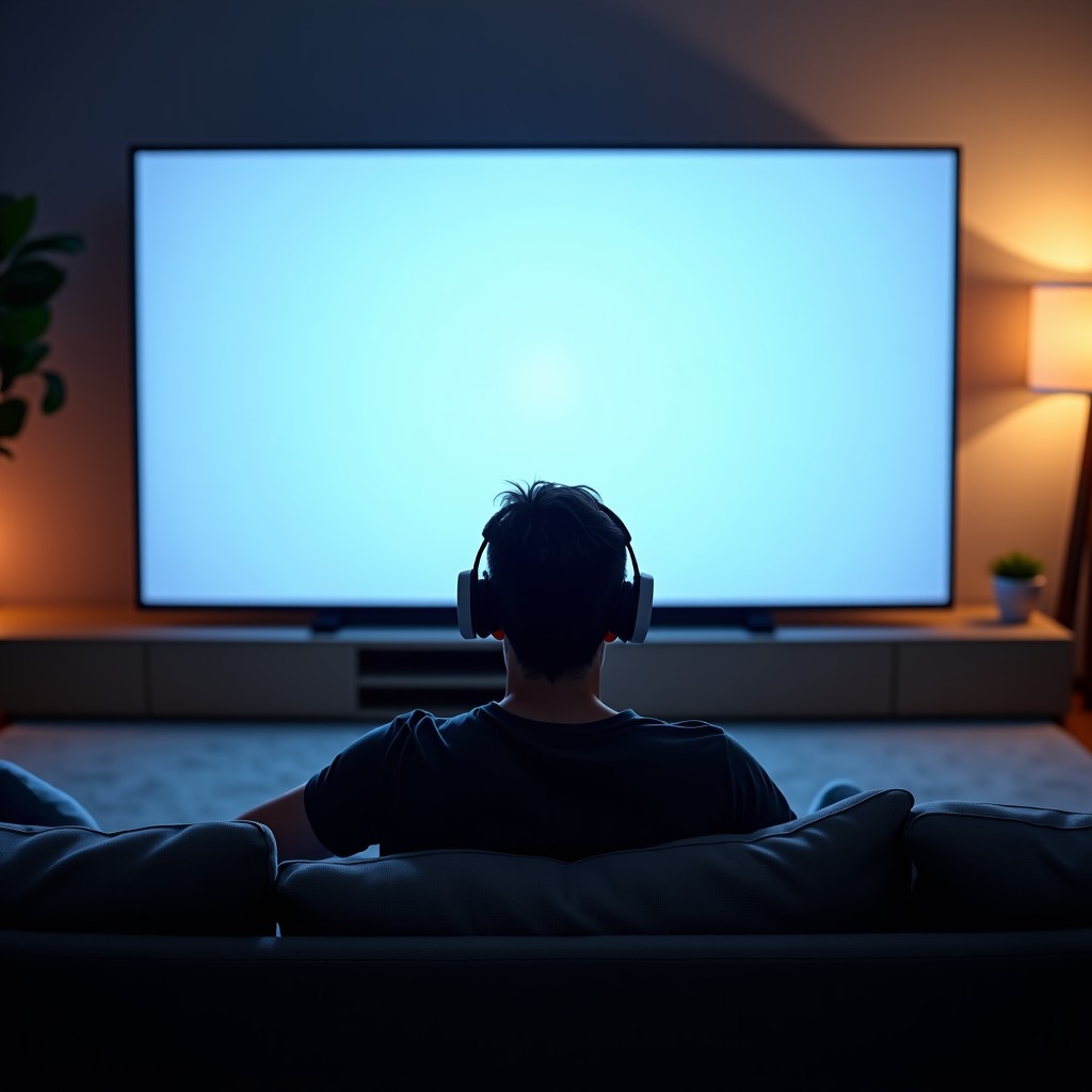 A person sitting comfortably on a modern sofa in a dimly lit room, wearing an Apple Vision Pro. A massive cinematic virtual screen is in front of them. High quality photography, warm home atmosphere. 1:1