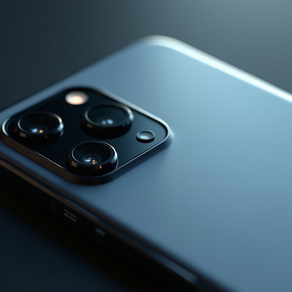 Close up shot of the back of a smartphone showing a completely flush camera lens design, matte texture, modern and clean look, studio lighting. 4:3