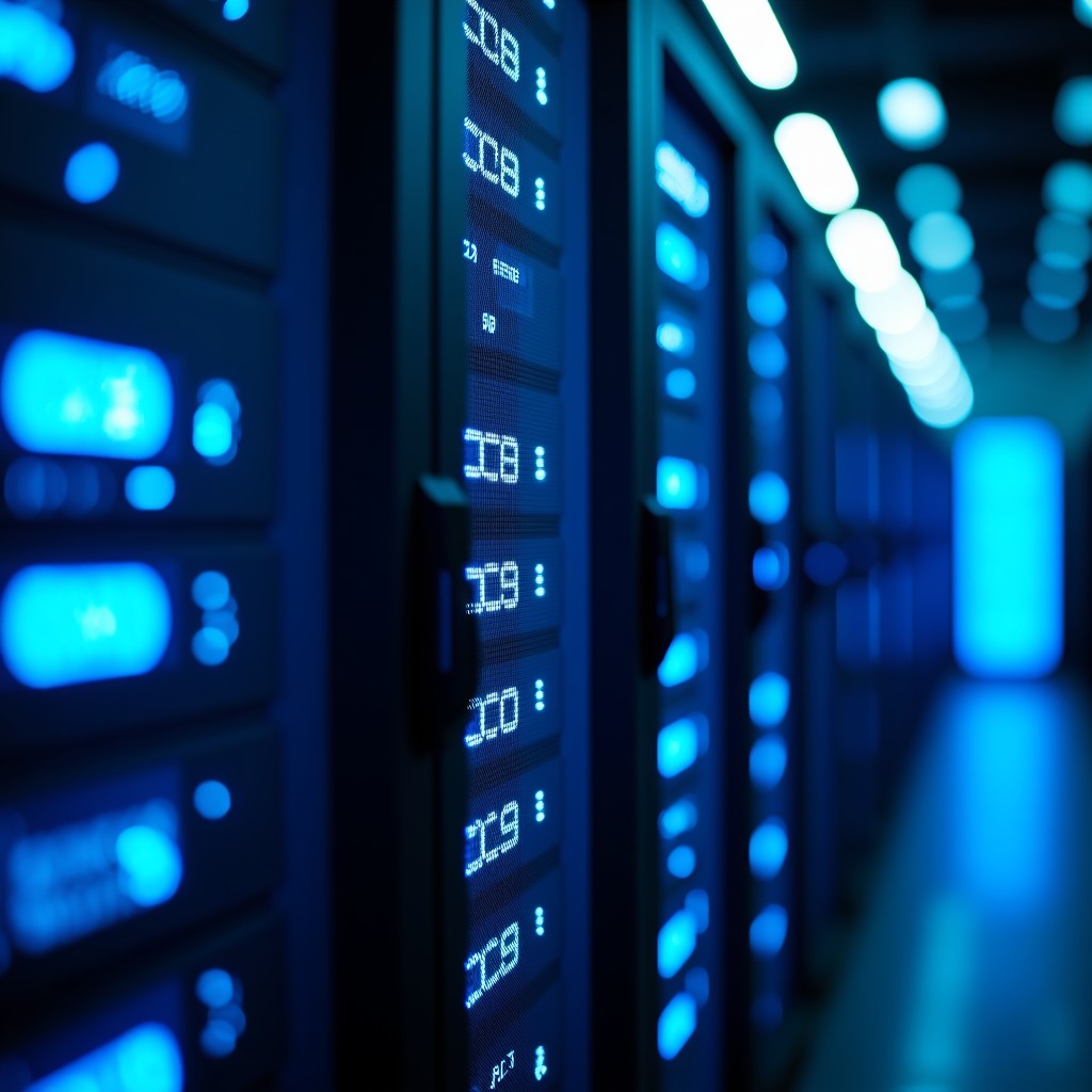 Close-up of high-performance AI server racks in a data center, glowing blue and white LED lights, futuristic technology aesthetic, shallow depth of field, high contrast, 4:3