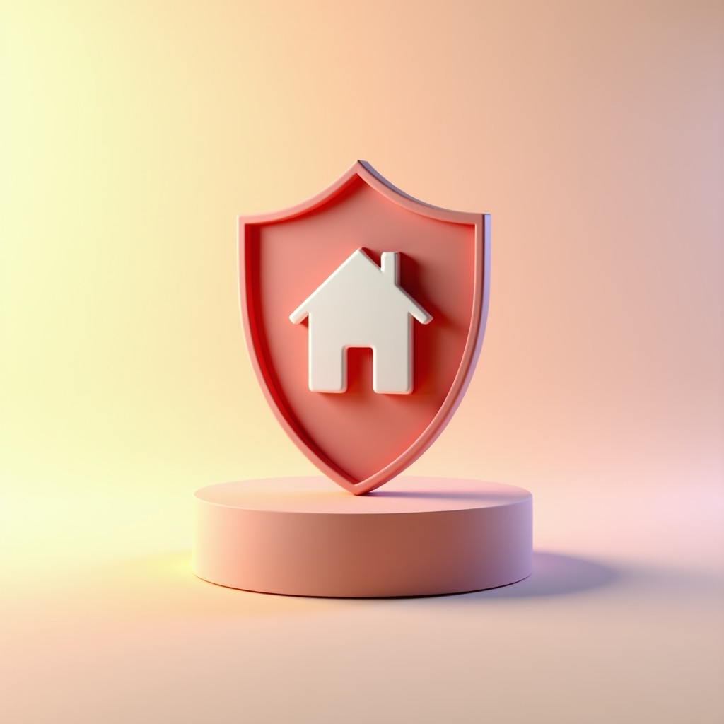 Minimalist 3D render of a shield icon protecting a house silhouette, soft studio lighting, pastel background, clean and modern aesthetic, 4:3