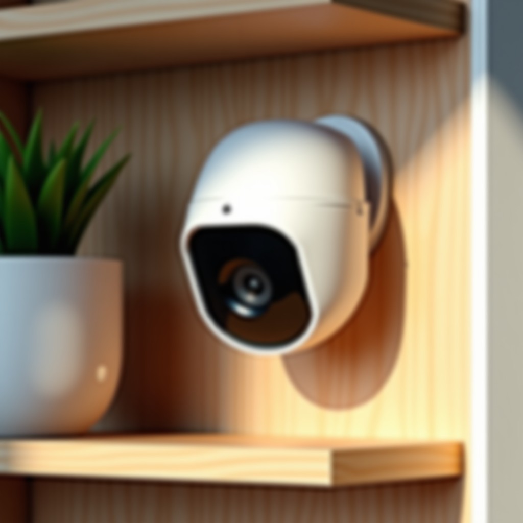 A close up of a small indoor security camera with a physical sliding cover closed, minimalist wooden shelf background, soft daylight, realistic interior, 4:3