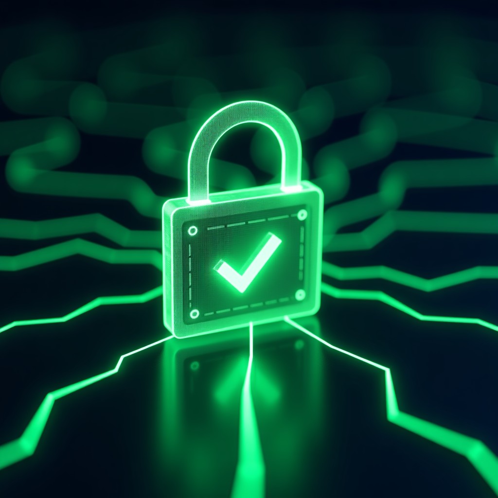 An abstract conceptual image of data privacy, a digital lock icon protecting personal text and icons while letting a green age checkmark pass through, glowing neon lines, 4:3