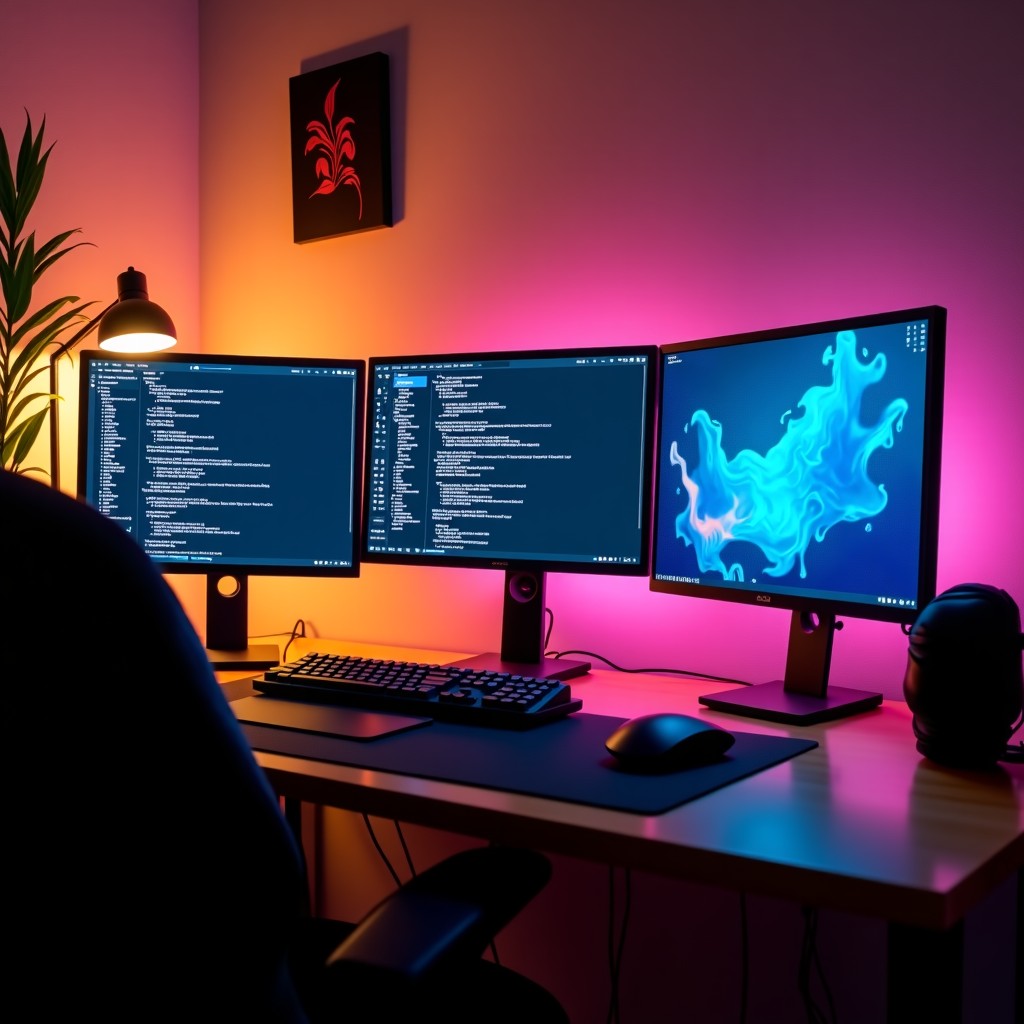 A modern home office setup with multiple monitors displaying complex code and AI generated art, warm ambient lighting, realistic lifestyle photography, 4:3