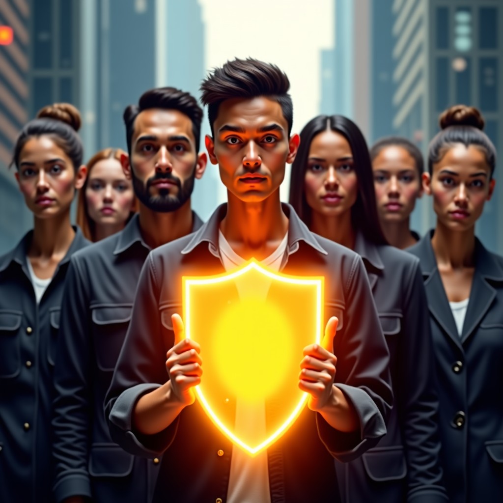 A conceptual photography of a diverse group of people standing behind a glowing digital shield, warm light, futuristic city background, focused and determined expressions, 1:1