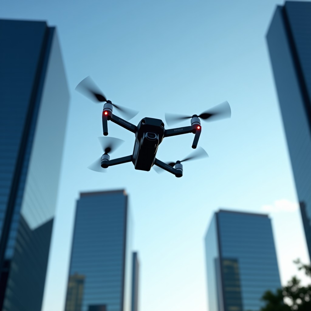 A professional high-end camera drone flying in a clear blue sky above a modern urban landscape with glass buildings, high-quality photography, cinematic lighting, 4:3