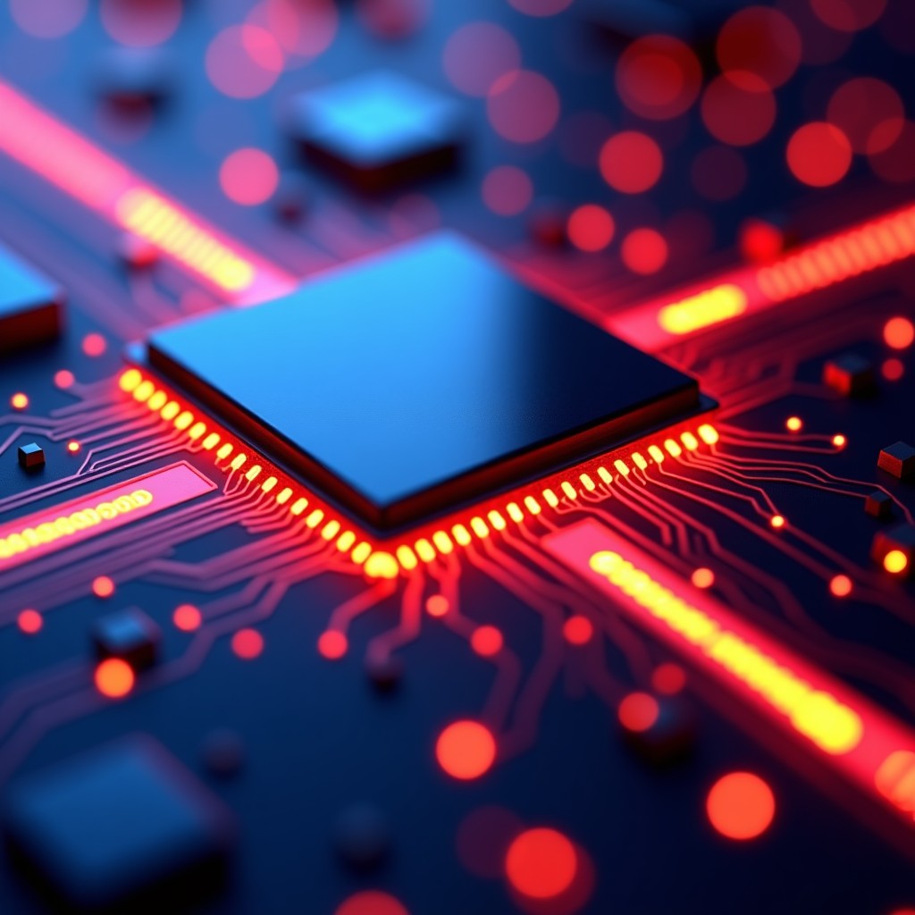 Close-up of a high-performance mobile processor chip with glowing neon circuits, fast data particles moving rapidly, representing hardware optimization and speed, 4:3