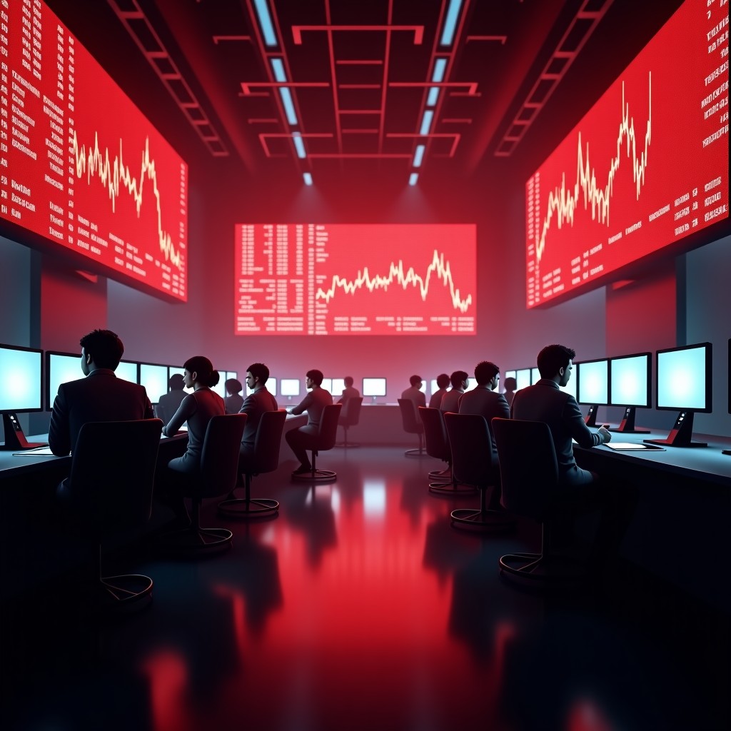 A professional cinematic shot of a financial trading floor with large screens displaying red stock market graphs and falling numbers. The atmosphere is tense and dramatic with high contrast lighting. No readable text, 4:3 aspect ratio.