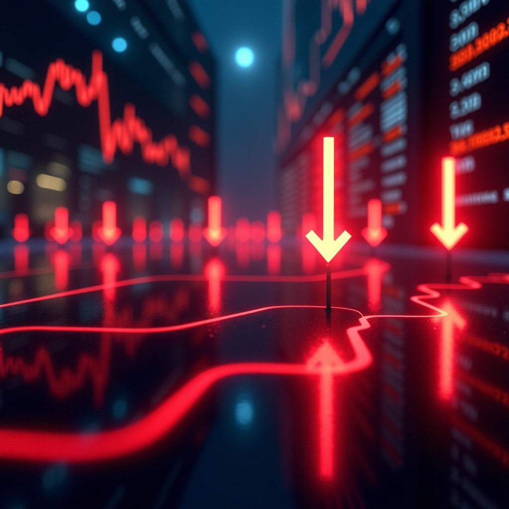 A financial stock market display showing red downward arrows and falling line charts on multiple screens, dramatic lighting, high contrast, economic crisis atmosphere, 4:3
