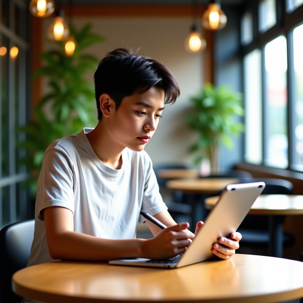 A young adult student using a tablet with a stylus in a bright modern cafe. The atmosphere is cozy with wooden tables and green plants in the background. Natural daylight high resolution photography. 4:3