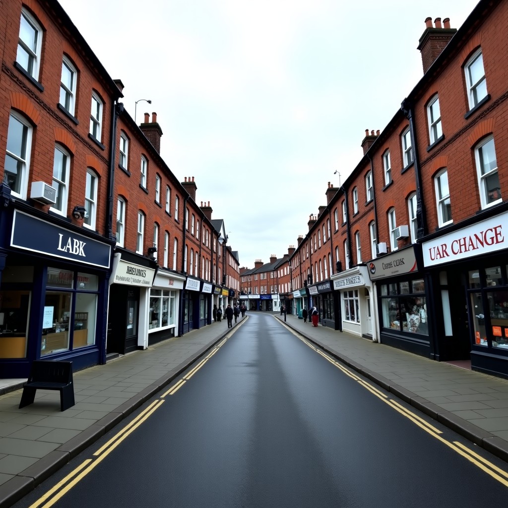 A wide shot of a traditional British high street with retail shops, some having signs about job changes, overcast sky, realistic photography style, 4:3