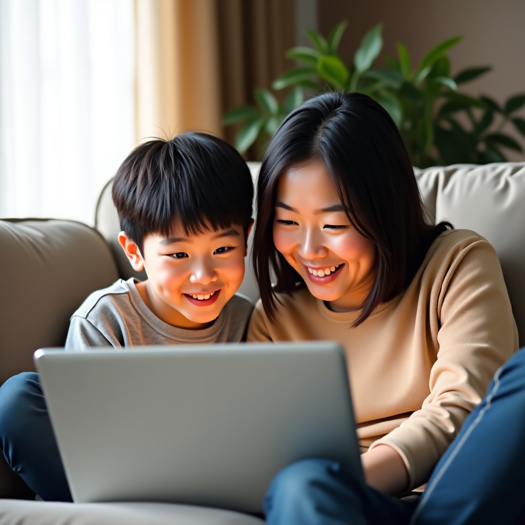 A Korean mother and her young son sitting together on a sofa looking at a laptop screen, smiling and discussing content safely, cozy living room atmosphere, natural sunlight, 1:1