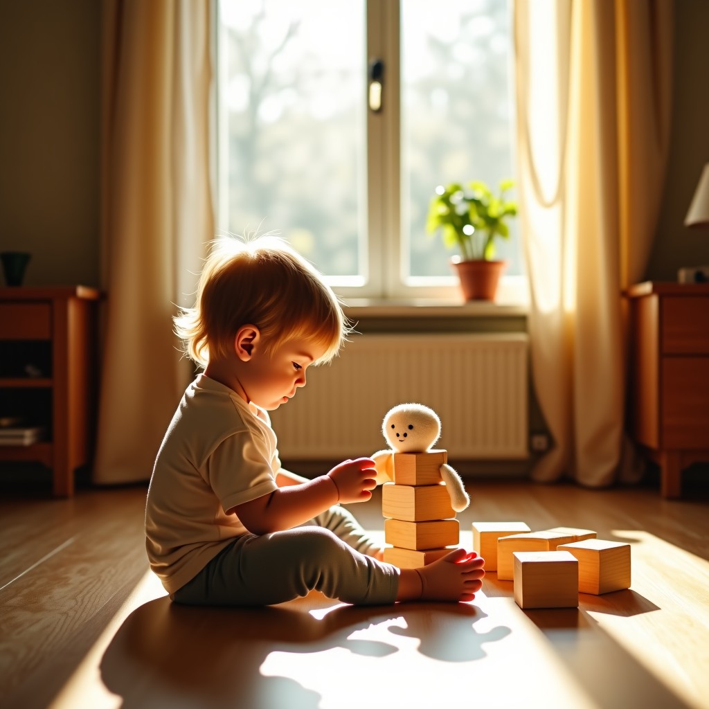 A sunlit room where a child is playing with traditional wooden blocks and a cloth doll. Warm and nostalgic atmosphere with soft lighting and natural colors. Lifestyle photography style. 4:3
