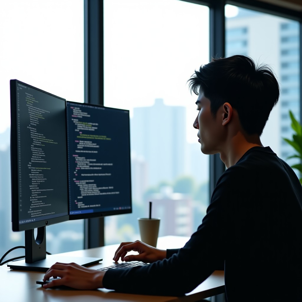 A Korean software developer working at a minimalist desk with dual monitors, coding environment visible, low angle from behind, natural office lighting, professional atmosphere, 4:3