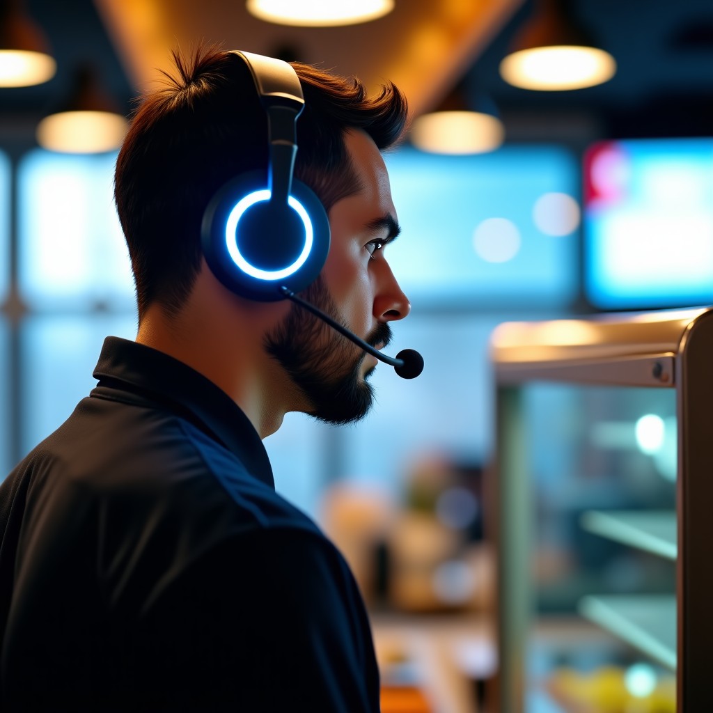 A professional fast food employee wearing a modern communication headset in a bright restaurant kitchen, a subtle blue glow emanating from the device to suggest AI integration, realistic photography, natural lighting. 4:3