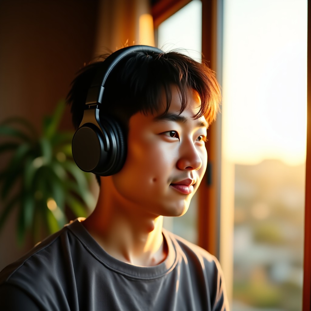 A young Korean man wearing premium headphones with a look of inspired concentration. Warm natural sunlight streaming through a window. High resolution lifestyle photography. No text. 4:3