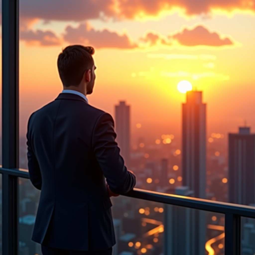 A professional looking out from a high-rise balcony at a sunrise over a tech-driven city. Symbolizing hope and a new chapter in technology. Warm morning light, detailed skyline. 4:3