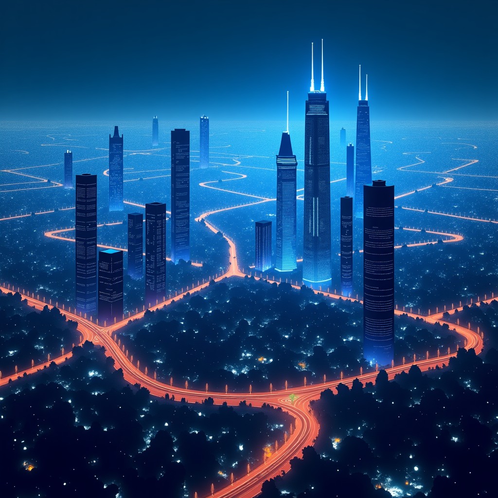 A panoramic view of a futuristic smart city at night, glowing information networks connecting buildings, representing a connected AI ecosystem, high resolution, 4:3