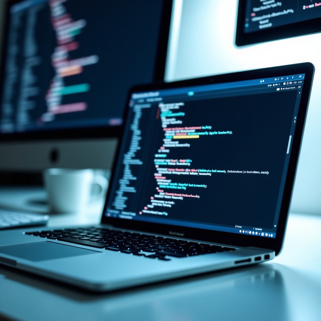 A clean and modern workspace of a software developer featuring a high-end laptop showing API code snippets and various software logos in a minimalist style. The lighting is bright and professional with a focus on a productive tech environment. 4:3