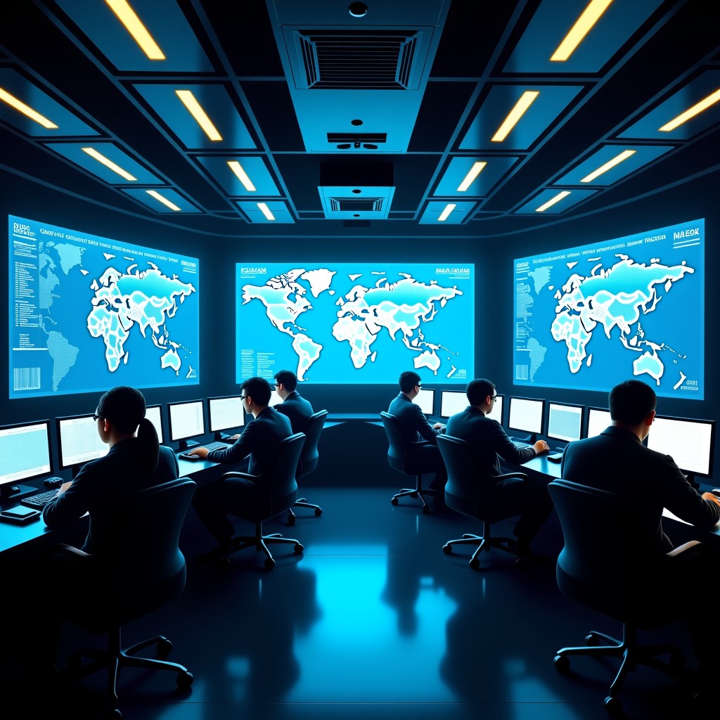 A modern high-tech military command center with large digital screens displaying tactical maps and AI data visualizations, blue and amber ambient lighting, realistic cinematic photography, 4:3
