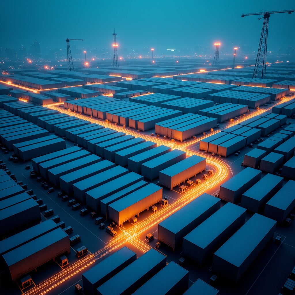 High angle view of a massive modern distribution center at night with glowing lights and motion trails of automated machines. Futuristic architecture, cinematic scale, 4:3
