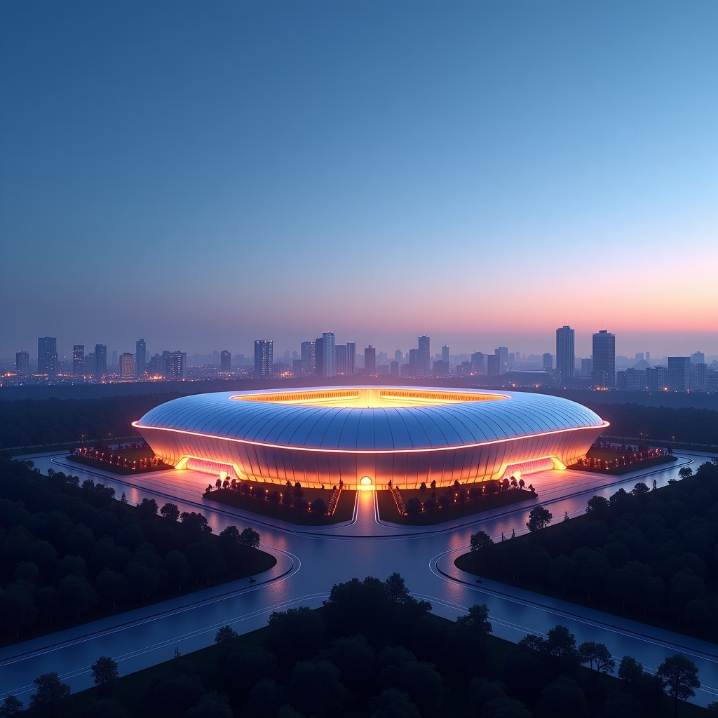 A majestic exterior view of a modern high-tech sports and concert stadium at dusk, city lights in the distance, architectural photography style, clear sky. 4:3