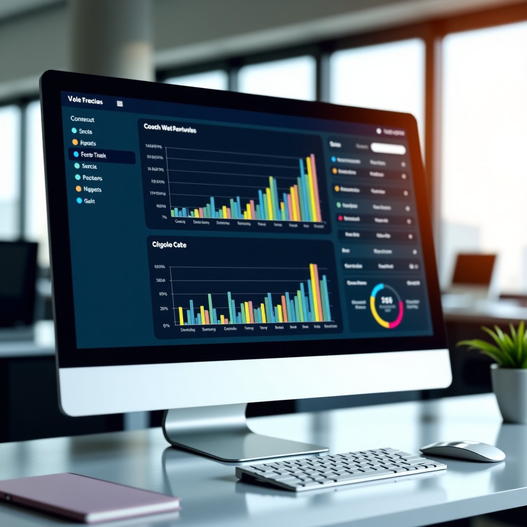 A modern and clean web analytics dashboard displayed on a sleek computer monitor in a bright office setting. The screen shows colorful line charts and bar graphs representing website traffic data. The atmosphere is professional and high-tech. 4:3